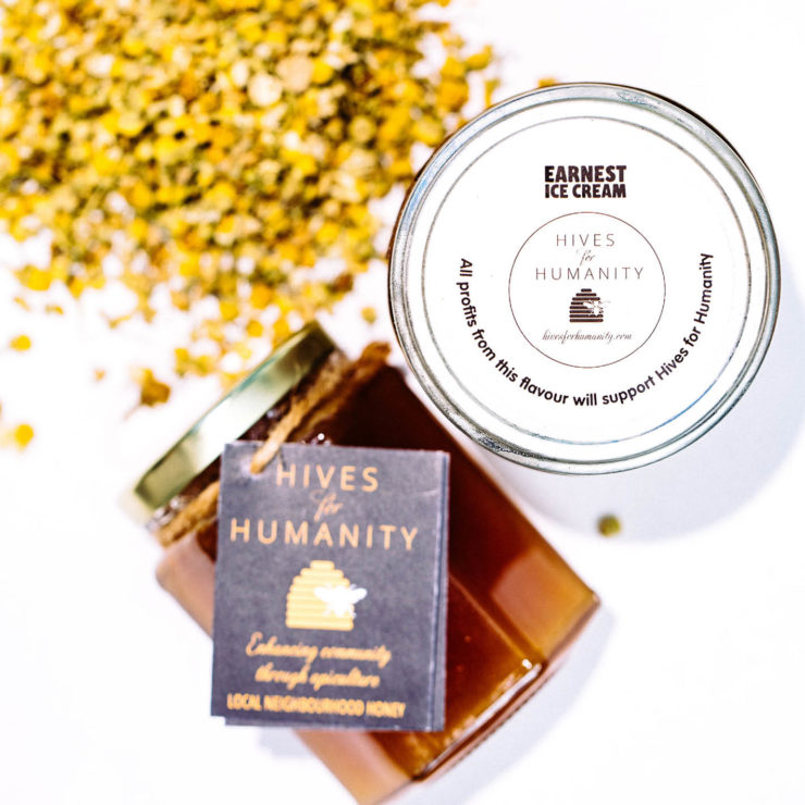 Honey jar and flower polen from Hives for Humanity a local non-profit organization founded in Vancouver BC