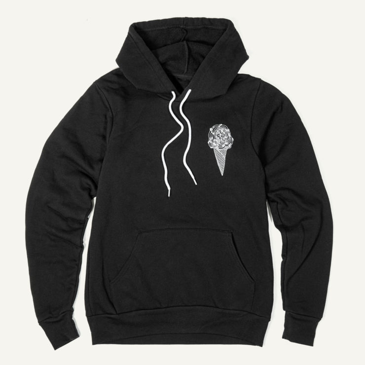Large black hoodie with Earnest Ice Cream cone design in white.