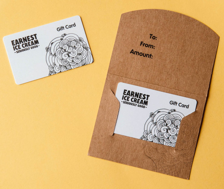 Gift card voucher for Earnest Ice Cream in a brown recycled paper envelope.