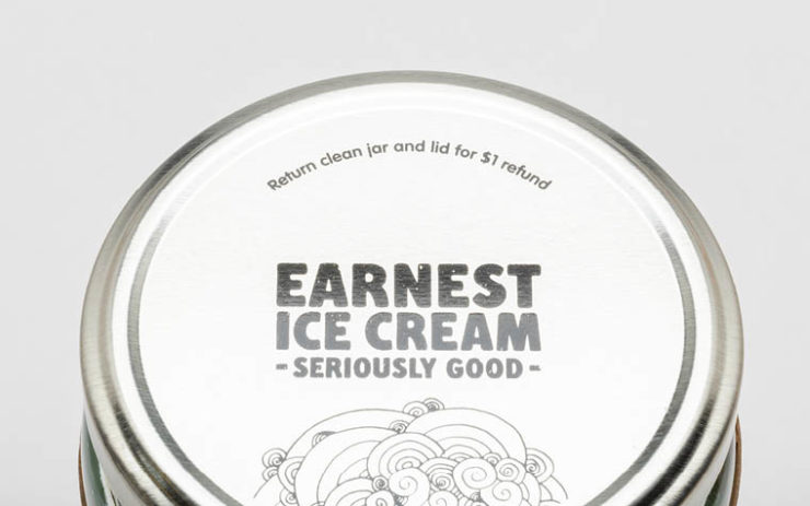 Jar with a lid with Earnest Ice Cream logo and "return clean jar for 1$ refund"