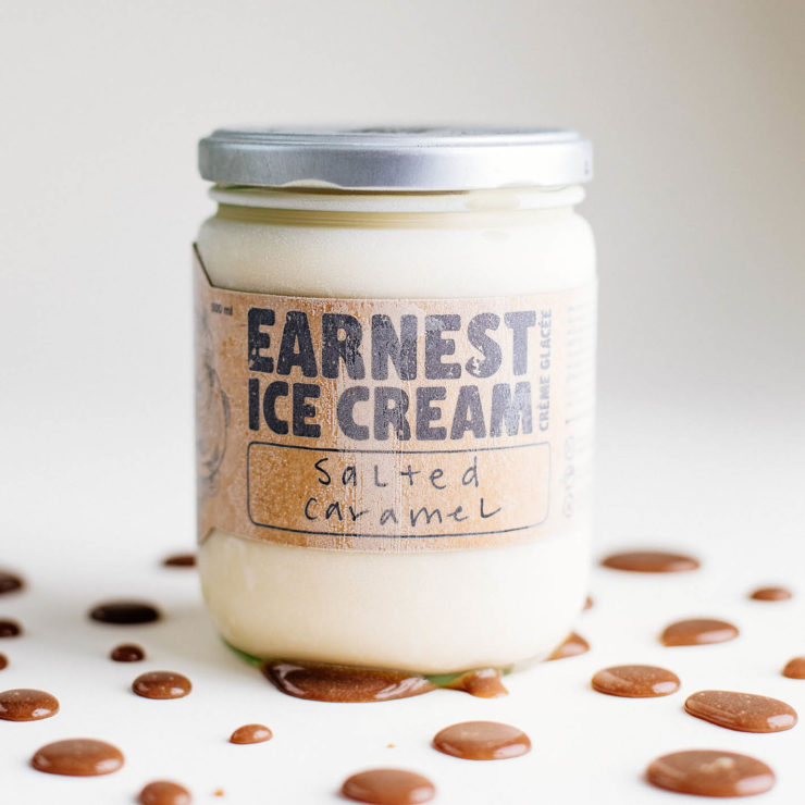 Glass jar of salted caramel ice cream by Vancouver ice cream shop Earnest Ice Cream.
